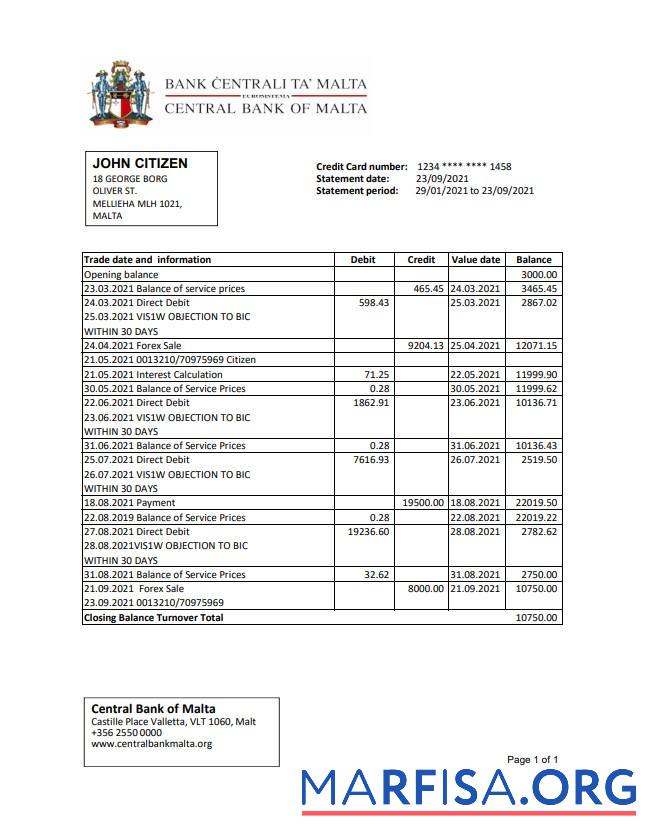 Blank Malta Central Bank of Malta bank statement excel example